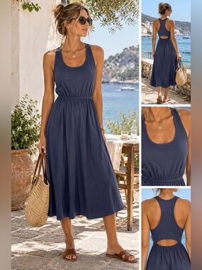 GAP Racerback Cutout Midi Dress Blue Ridge Slate Blue Gray Size Medium NWT